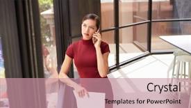  Presentation with phone - Theme having maroon technology - young white businesswoman on phone background and a  colored foreground