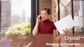  Presentation with black and white old phone - Beautiful slides featuring maroon technology - young white businesswoman on phone backdrop and a coral colored foreground