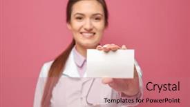  Presentation with business card - Amazing PPT theme having maroon white - beautiful young doctor with business backdrop and a coral colored foreground