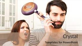  Presentation with frying - Slide set featuring strong marriage - young rage woman hitting her background and a coral colored foreground