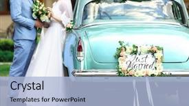  Presentation with married couple - Theme consisting of married - happy wedding couple near decorated background and a light blue colored foreground