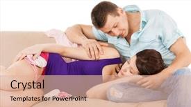  Presentation with expecting parents - Colorful presentation enhanced with married couple children - family parenthood and happiness concept backdrop and a  colored foreground