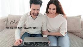  Presentation with married couple - Cool new theme with married couple sitting on the couch and looking at the laptop screen backdrop and a light gray colored foreground