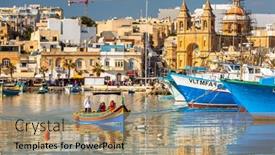  Presentation with fishing boats - Presentation theme having marsaxlokk-malta-january-10-2020 background and a coral colored foreground