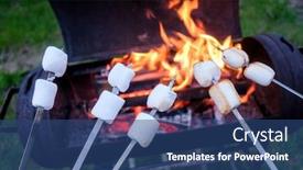  Presentation with metal - Slide deck featuring white marshmallows black - marshmallow on metal skewer roasted background and a ocean colored foreground