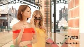  Presentation with paper bag vs plastic bags - PPT theme having mart - beautiful women with shopping bags background and a coral colored foreground