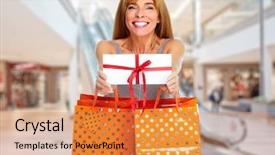  Presentation with gift card envelope - Slides having mart - shopping woman with envelope background and a  colored foreground