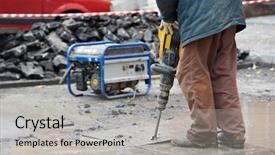  Presentation with construction equipment - Slides having marteau - builder worker with pneumatic hammer background and a light gray colored foreground