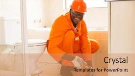  Presentation with construction - Presentation design consisting of marteau - cheerful african american construction worker background and a coral colored foreground