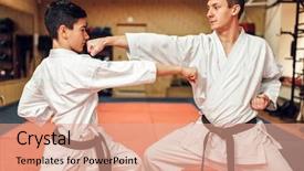  Presentation with martial arts - Colorful PPT layouts enhanced with martial arts masters self-defence backdrop and a coral colored foreground