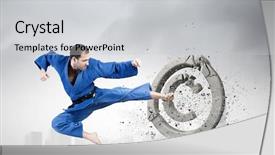  Presentation with karate - PPT theme enhanced with martial law - young determined karate man breaking background and a light gray colored foreground