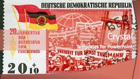  Presentation with propaganda - Colorful PPT theme enhanced with marxism - east germany propaganda vintage stamp backdrop and a coral colored foreground