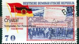  Presentation with propaganda - PPT theme with marxism - east germany propaganda vintage stamp background and a coral colored foreground