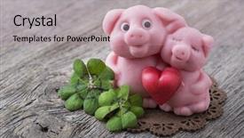  Presentation with pig - PPT theme consisting of marzipan pig on wooden background background and a coral colored foreground