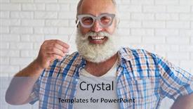  Presentation with white brick wall - Slide set consisting of mascara de soldado - happy stylish senior dressed background and a teal colored foreground