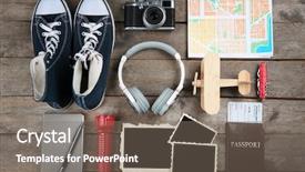  Presentation with wooden - Slide set with mascots - outfit for travelling on wooden background and a gray colored foreground