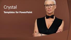  Presentation with black female - Audience pleasing PPT theme consisting of masculine-blond-female-in-black backdrop and a tawny brown colored foreground