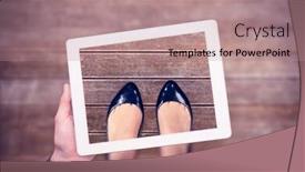  Presentation with masculine - Presentation theme featuring masculine hand holding tablet against wooden planks background background and a coral colored foreground