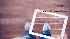  Presentation with masculine - Presentation theme featuring masculine hand holding tablet against wooden planks background background and a coral colored foreground