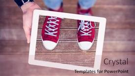  Presentation with masculine - Beautiful presentation theme featuring masculine hand holding tablet against wooden planks background backdrop and a coral colored foreground