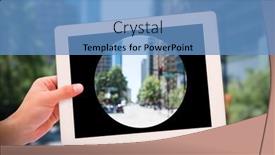  Presentation with masculine - Colorful slides enhanced with masculine hand holding tablet against blur view of a modern city backdrop and a teal colored foreground