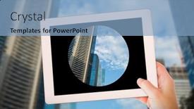  Presentation with masculine - Colorful PPT layouts enhanced with masculine hand holding tablet against city backdrop and a light blue colored foreground