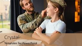  Presentation with masculine - Slide deck with masculine-happy-military-man-making background and a coral colored foreground