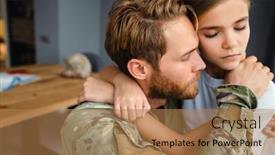  Presentation with masculine - Amazing PPT layouts having masculine-sad-military-man-hugging backdrop and a coral colored foreground