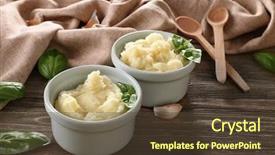  Presentation with wooden board empty table top - Beautiful slide deck featuring masged - mashed potatoes in bowls backdrop and a tawny brown colored foreground