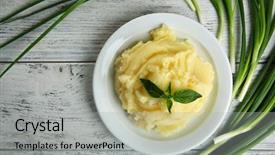  Presentation with empty of wood table top - Colorful slides enhanced with masged - mashed potatoes in plate backdrop and a light gray colored foreground