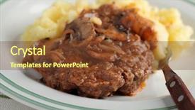  Presentation with boned t bone steak cow - Theme featuring mashed potato under mushroom gravy background and a tawny brown colored foreground