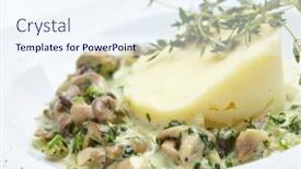  Presentation with white plate - Colorful PPT theme enhanced with mashed-potato-with-mushrooms backdrop and a sky blue colored foreground