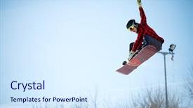  Presentation with snowboard - Theme having mask athletes - photo of young athlete jumping background and a sky blue colored foreground