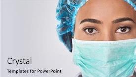  Presentation with medical procedure - Audience pleasing slides consisting of close up of confident female surgeon in mask getting ready for medical procedure surgery backdrop and a light gray colored foreground