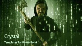  Presentation with hacker cloud - Audience pleasing slides consisting of masked and armed anonymous hacker backdrop and a tawny brown colored foreground