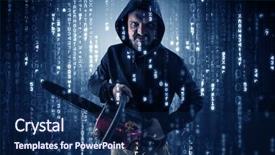  Presentation with hacker cloud - PPT layouts having masked and armed anonymous hacker background and a navy blue colored foreground