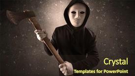  Presentation with chainsaw - Presentation design having masked armed villain in empty background and a wine colored foreground