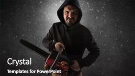  Presentation with dark - Cool new slide set with masked armed villain in empty dark room with gun ax chainsaw mallet wrench backdrop and a dark gray colored foreground