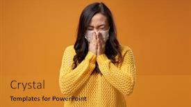  Presentation with studio - Colorful slide set enhanced with masked-brunette-woman-sneezes backdrop and a gold colored foreground