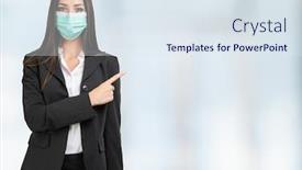  Presentation with woman business - PPT theme with masked-business-woman-pointing background and a sky blue colored foreground