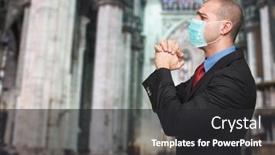  Presentation with covid coronavirus - Beautiful slide deck featuring masked-businessman-praying backdrop and a dark gray colored foreground