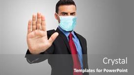  Presentation with social isolation - Audience pleasing PPT theme consisting of masked-businessman-showing-the-stop backdrop and a gray colored foreground