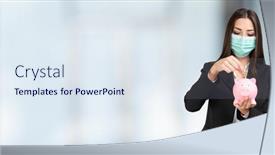  Presentation with piggy bank - PPT theme consisting of masked-businesswoman-putting-money background and a sky blue colored foreground