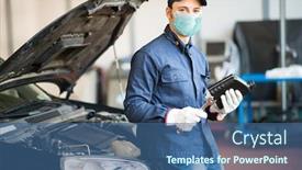  Presentation with motor oil - Colorful PPT theme enhanced with masked-car-mechanic-holding backdrop and a ocean colored foreground