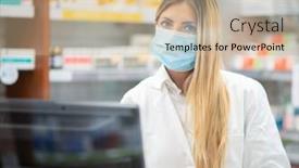  Presentation with coronavirus - Cool new PPT theme with masked-cashier-in-a-pharmacy backdrop and a soft green colored foreground