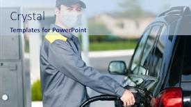  Presentation with gas station - PPT theme having masked-gas-station-attendant background and a sky blue colored foreground