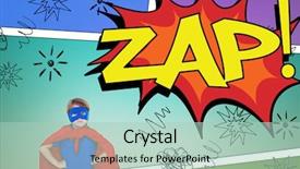  Presentation with superhero - PPT theme with masked girl pretending to be superhero against the word zap background and a mint green colored foreground