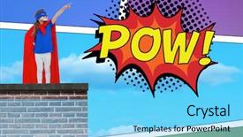  Presentation with pow - PPT theme with masked girl pretending to be superhero against the word pow background and a light blue colored foreground