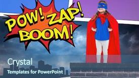  Presentation with pow - Presentation theme with masked girl pretending to be superhero against the words pow zap and boom background and a ocean colored foreground