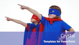  Presentation with kids - Cool new slide deck with masked kids pointing somewhere pretending to be superheroes on white screen backdrop and a royal blue colored foreground